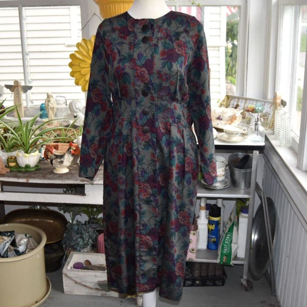 80s Albert Nipon Petites Dress 14P Floral Long Sleeve Button Front Pleated Midi